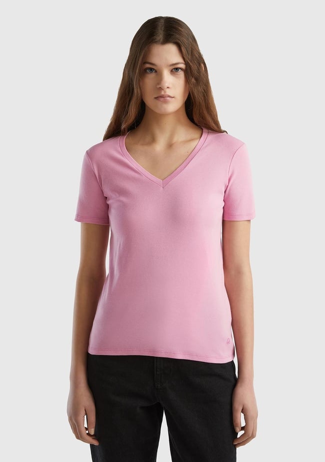  Kadın Açık Pembe %100 Pamuk V Yaka Basic T-Shirt