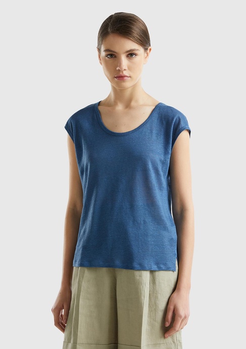  Kadın Gece Mavisi %100 Keten Rahat Kalıp Geniş Bisiklet Yaka Kolsuz T-Shirt