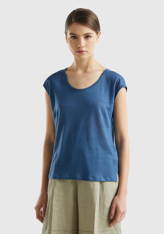  Kadın Gece Mavisi %100 Keten Rahat Kalıp Geniş Bisiklet Yaka Kolsuz T-Shirt