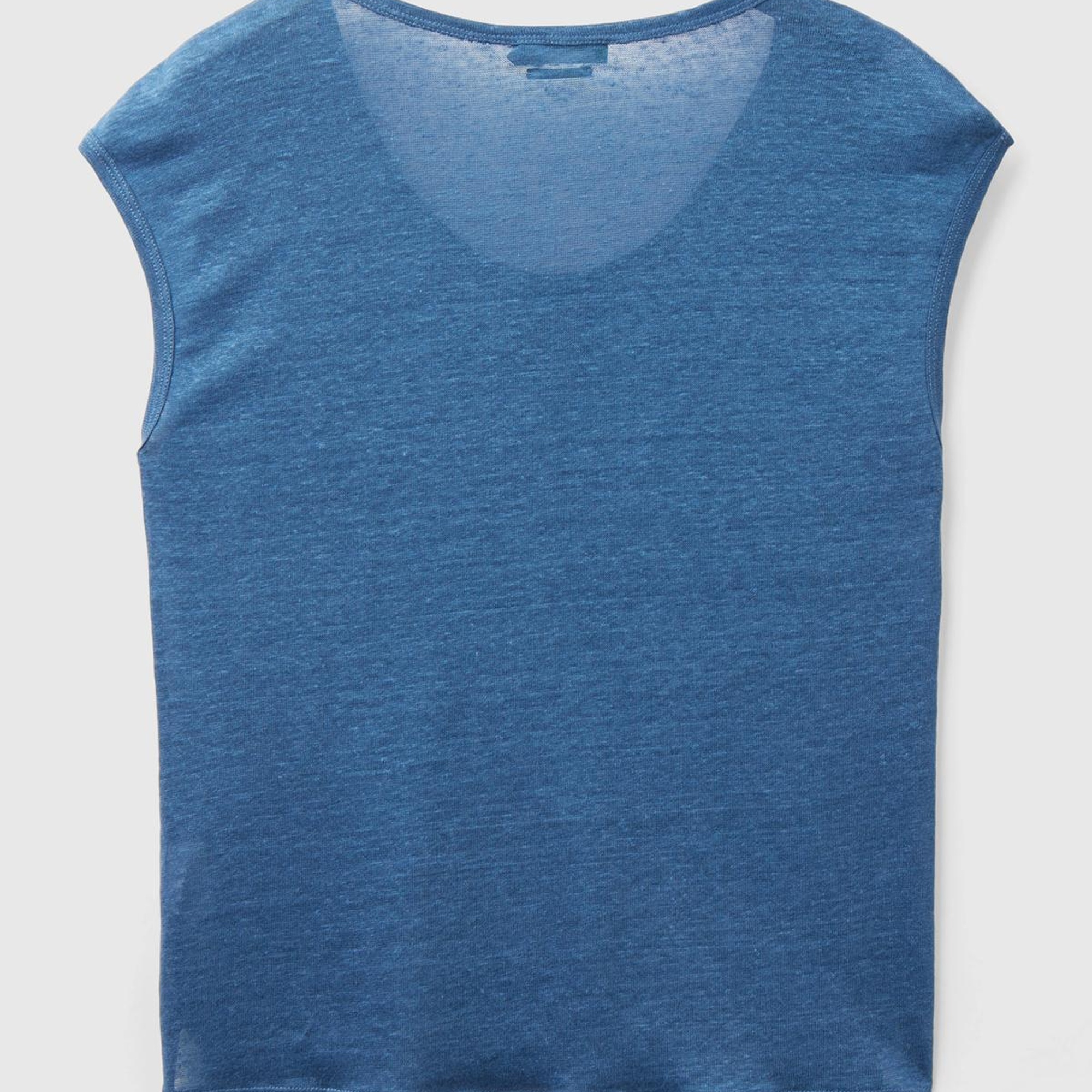 Kadın Gece Mavisi %100 Keten Rahat Kalıp Geniş Bisiklet Yaka Kolsuz T-Shirt