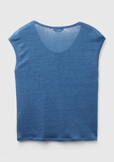  Kadın Gece Mavisi %100 Keten Rahat Kalıp Geniş Bisiklet Yaka Kolsuz T-Shirt