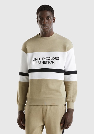  Erkek Haki %100 Pamuk Renk Bloklu Bisiklet Yaka Sweatshirt