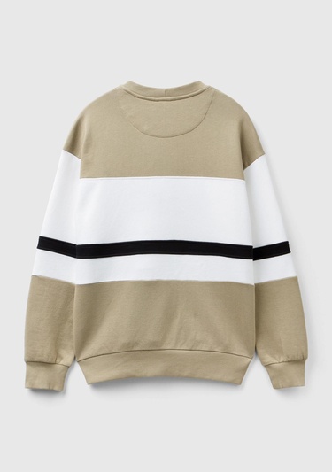  Erkek Haki %100 Pamuk Renk Bloklu Bisiklet Yaka Sweatshirt