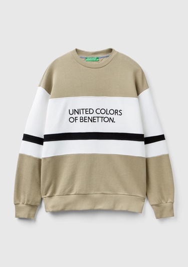  Erkek Haki %100 Pamuk Renk Bloklu Bisiklet Yaka Sweatshirt