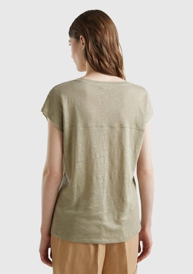  Kadın Haki %100 Keten Rahat Kalıp Derin V Yaka Kolsuz T-Shirt