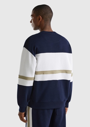  Erkek Lacivert %100 Pamuk Renk Bloklu Bisiklet Yaka Sweatshirt