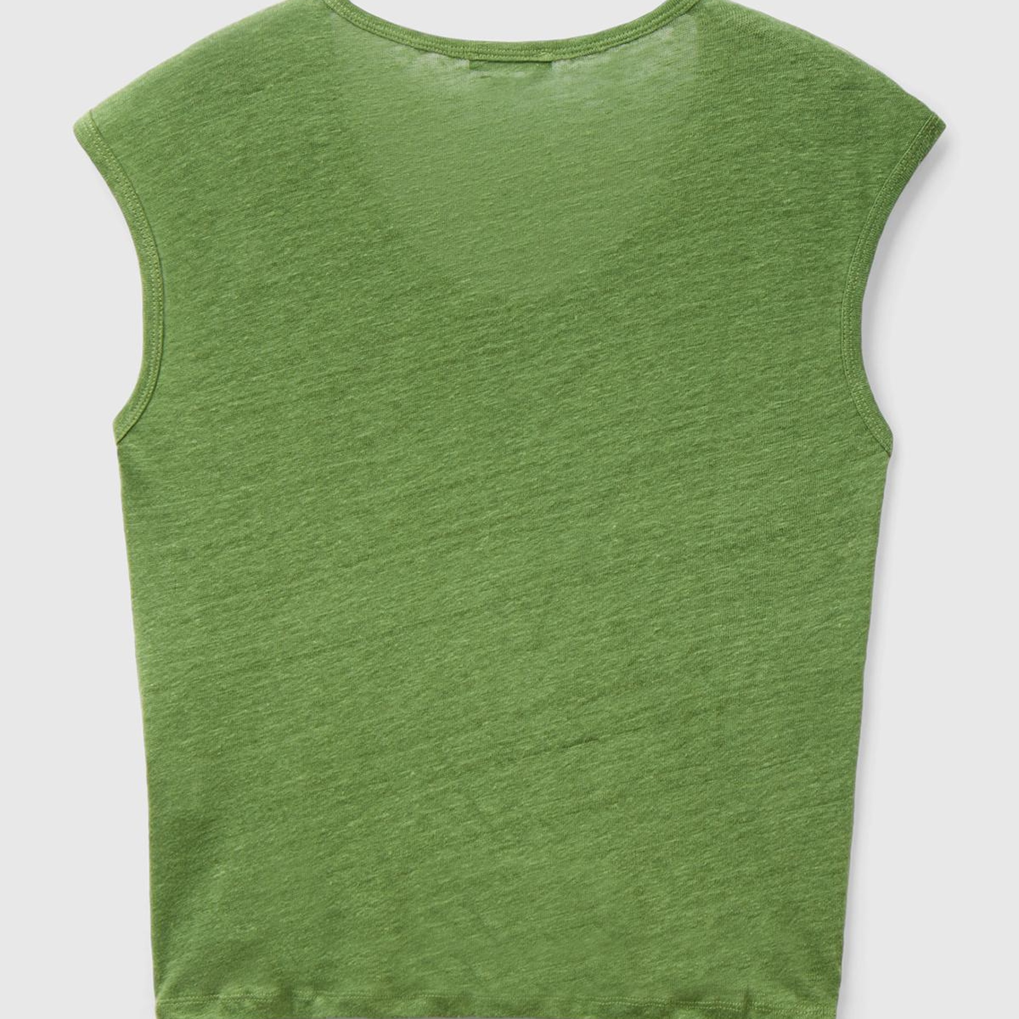 Kadın Soluk Yeşil %100 Keten Rahat Kalıp Geniş Bisiklet Yaka Kolsuz T-Shirt