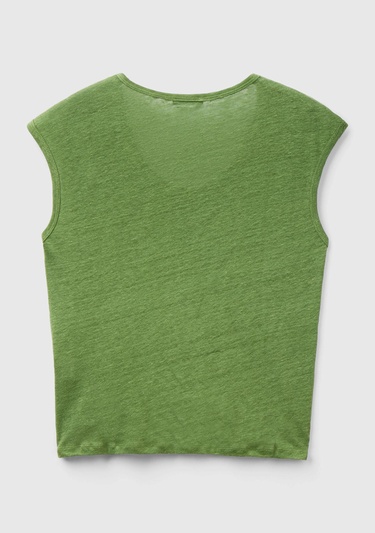  Kadın Soluk Yeşil %100 Keten Rahat Kalıp Geniş Bisiklet Yaka Kolsuz T-Shirt