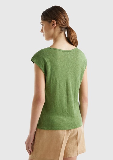  Kadın Soluk Yeşil %100 Keten Rahat Kalıp Geniş Bisiklet Yaka Kolsuz T-Shirt