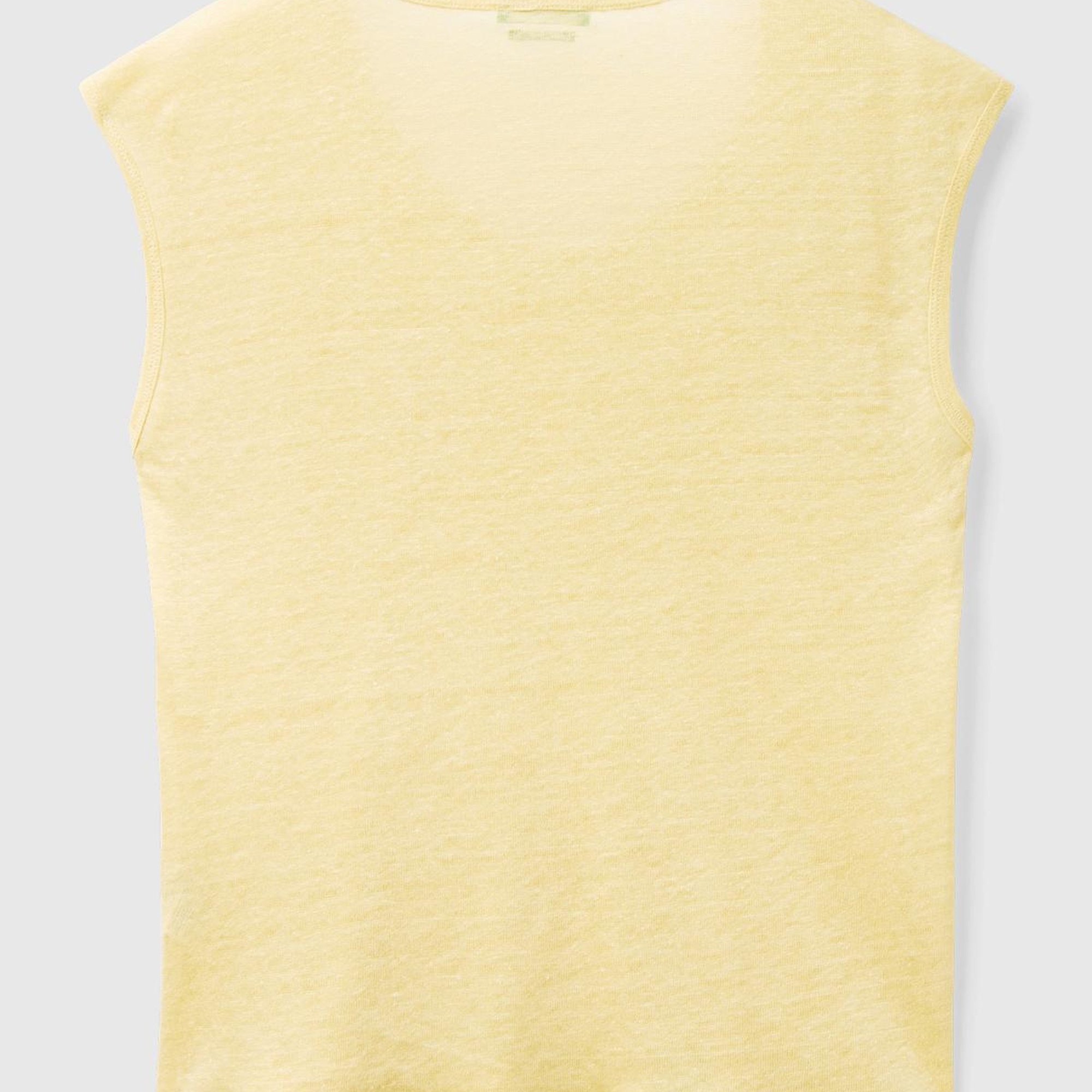 Kadın Açık Sarı %100 Keten Rahat Kalıp Geniş Bisiklet Yaka Kolsuz T-Shirt