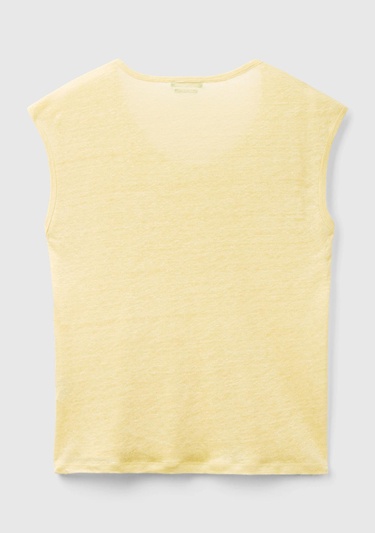  Kadın Açık Sarı %100 Keten Rahat Kalıp Geniş Bisiklet Yaka Kolsuz T-Shirt