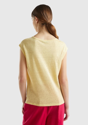  Kadın Açık Sarı %100 Keten Rahat Kalıp Geniş Bisiklet Yaka Kolsuz T-Shirt