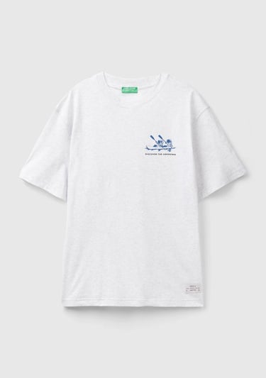  Erkek Açık Gri Melanj %100 Pamuk Önü Arkası Grafik Baskılı Bisiklet Yaka T-Shirt