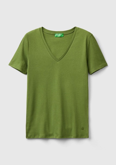  Kadın Soluk Yeşil %100 Pamuk V Yaka Basic T-Shirt