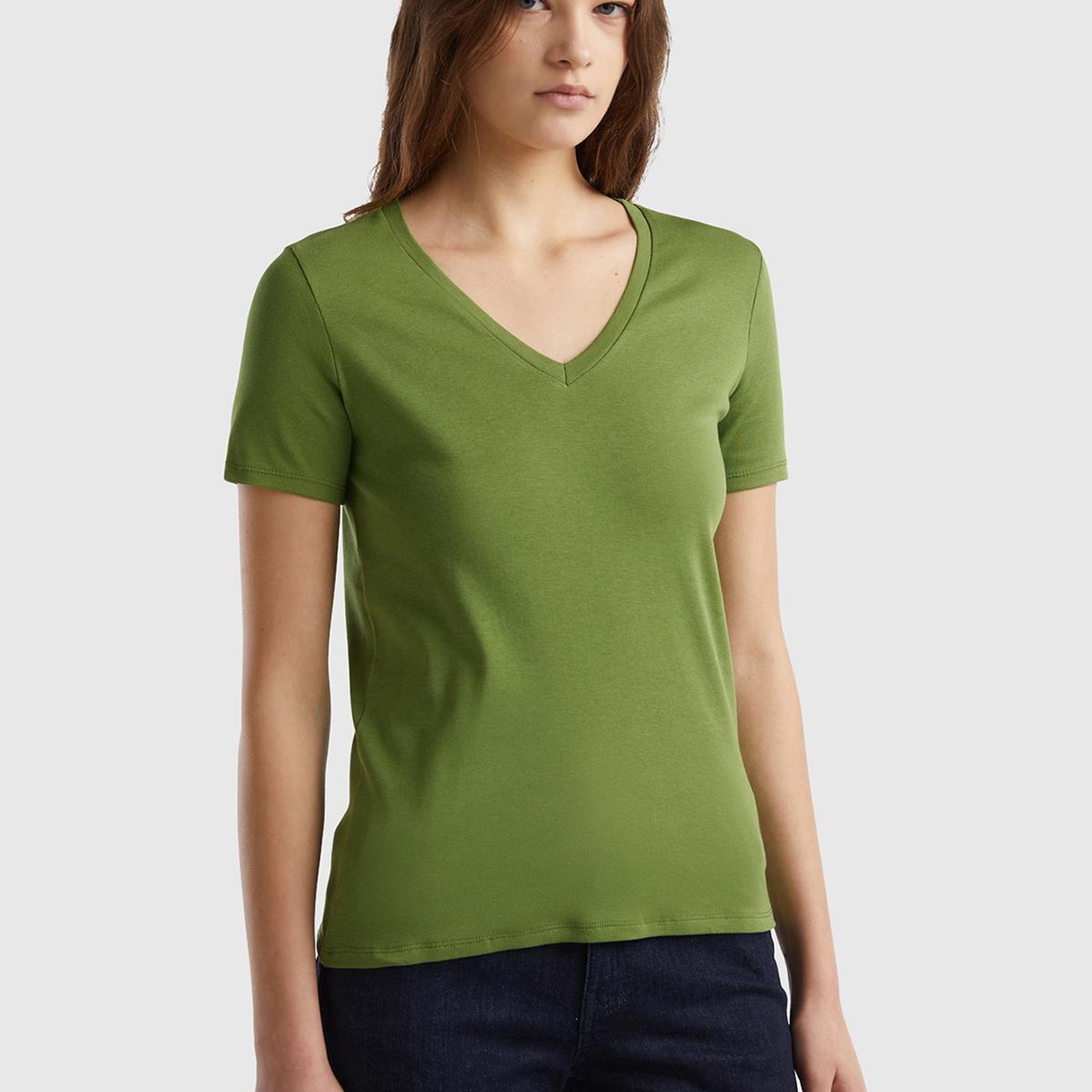 Kadın Soluk Yeşil %100 Pamuk V Yaka Basic T-Shirt