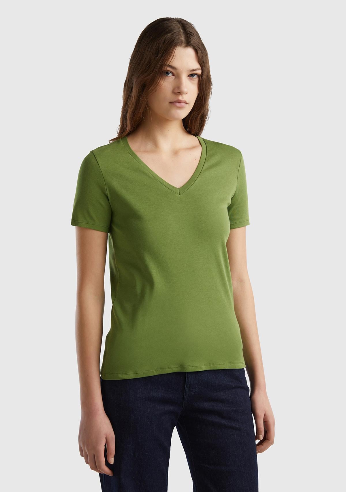  Kadın Soluk Yeşil %100 Pamuk V Yaka Basic T-Shirt