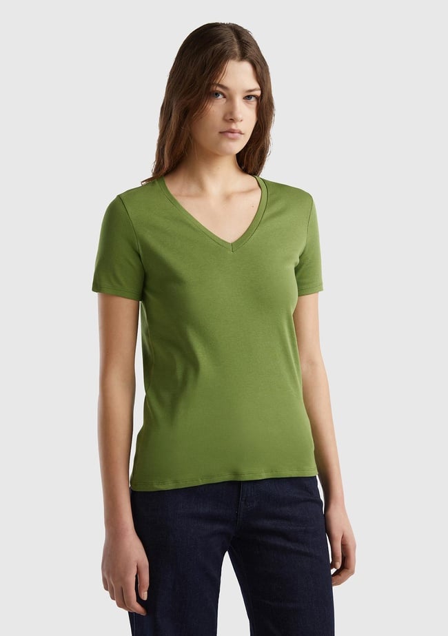  Kadın Soluk Yeşil %100 Pamuk V Yaka Basic T-Shirt