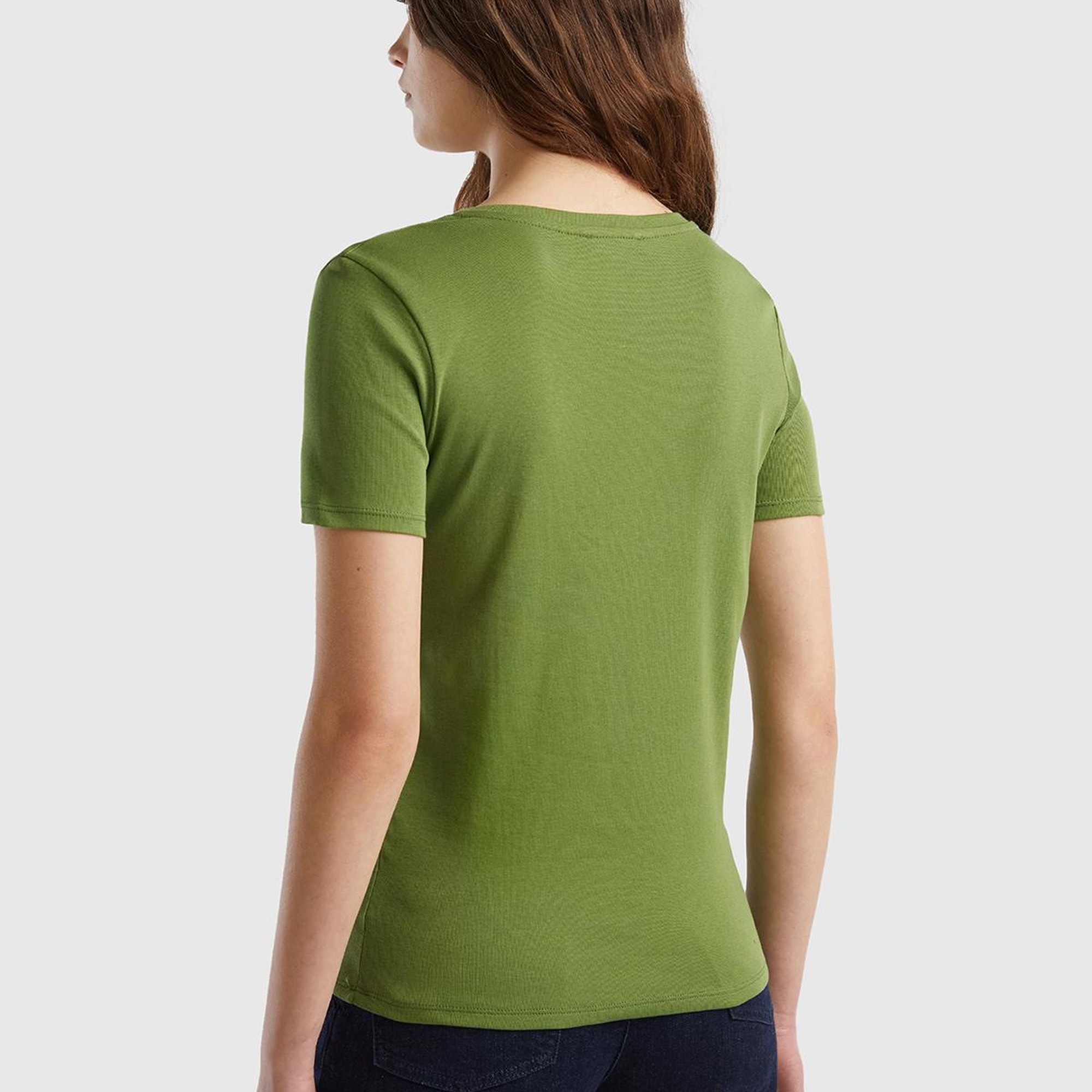 Kadın Soluk Yeşil %100 Pamuk V Yaka Basic T-Shirt