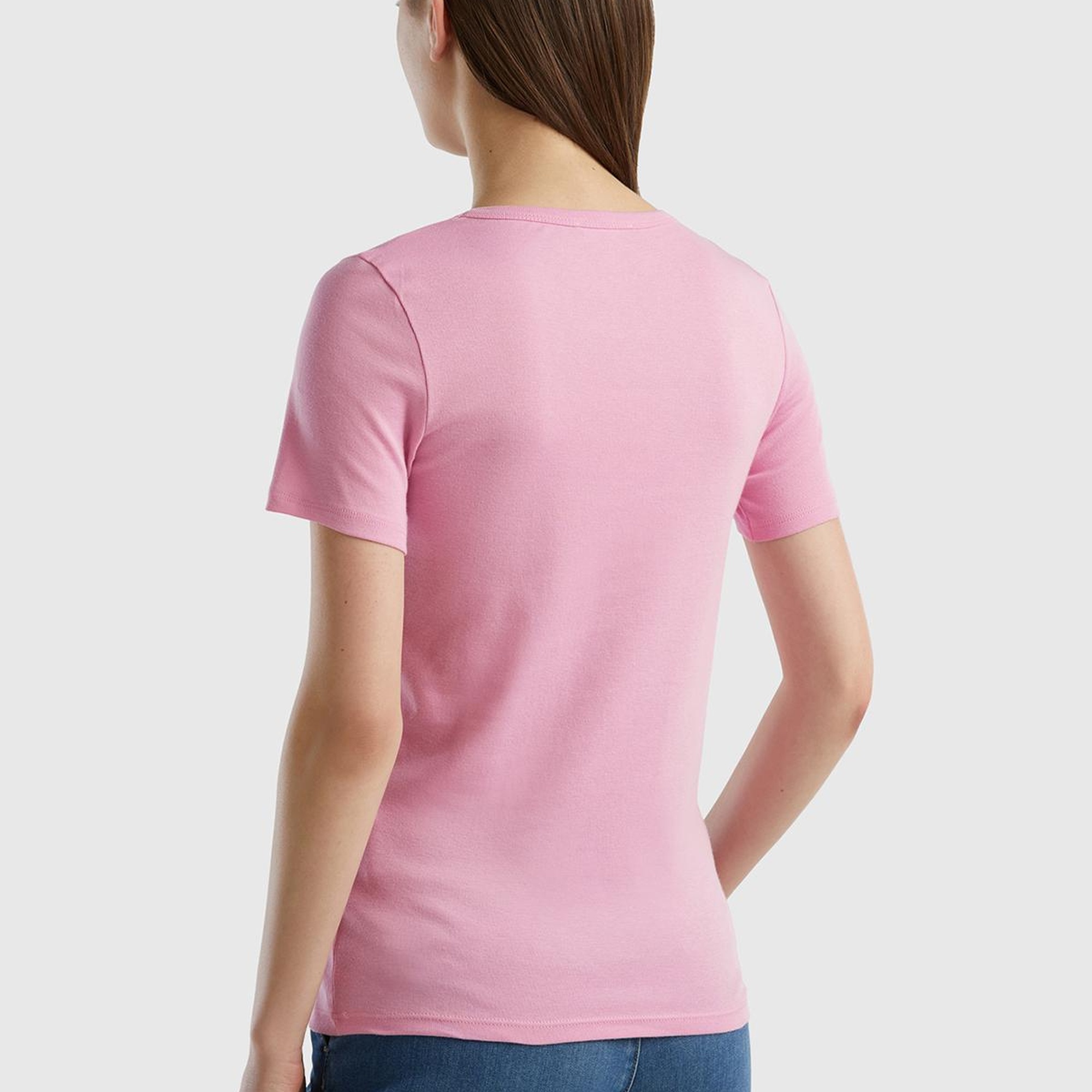 Kadın Açık Pembe %100 Koton Basic Kısa Kollu Bisiklet Yaka T-Shirt