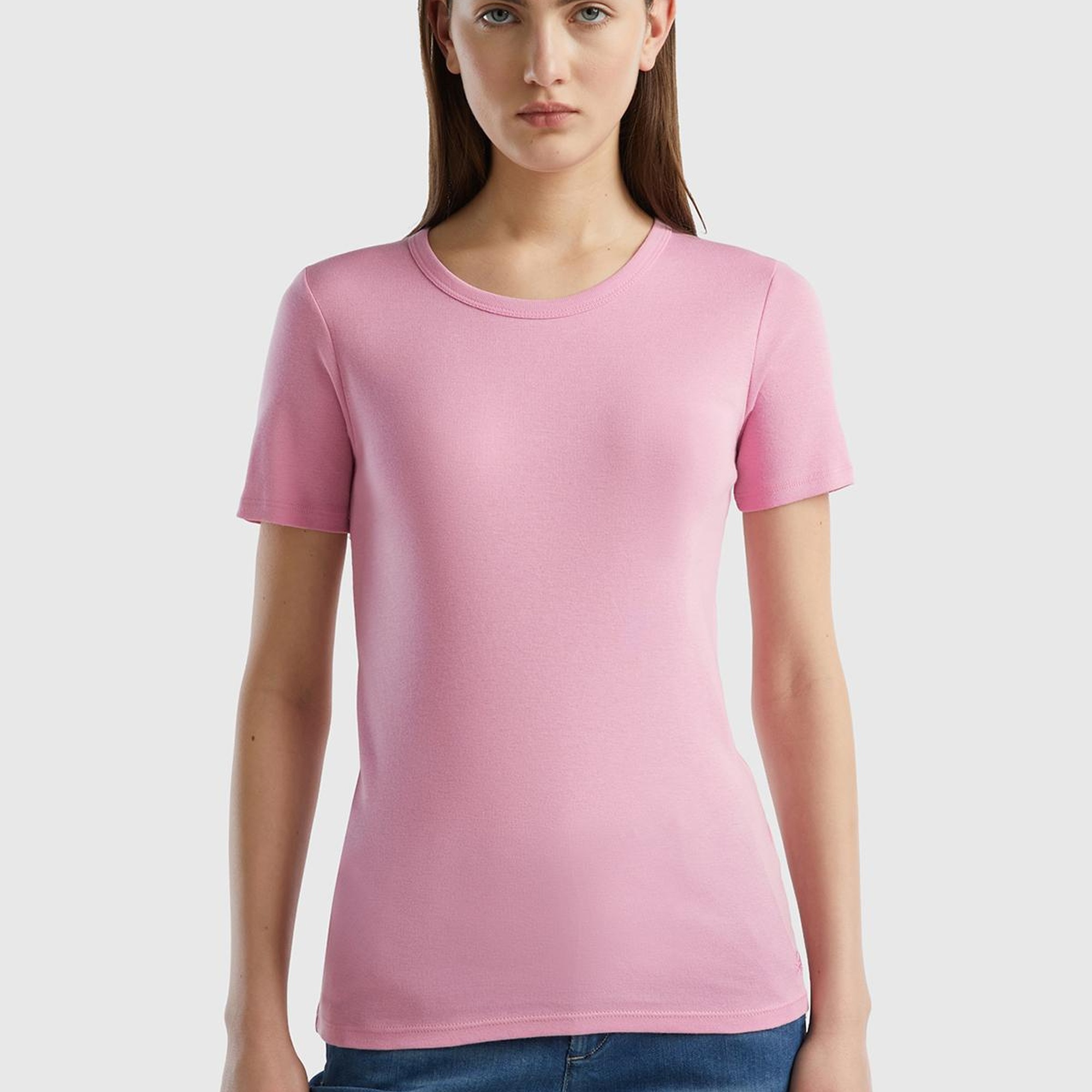 Kadın Açık Pembe %100 Koton Basic Kısa Kollu Bisiklet Yaka T-Shirt