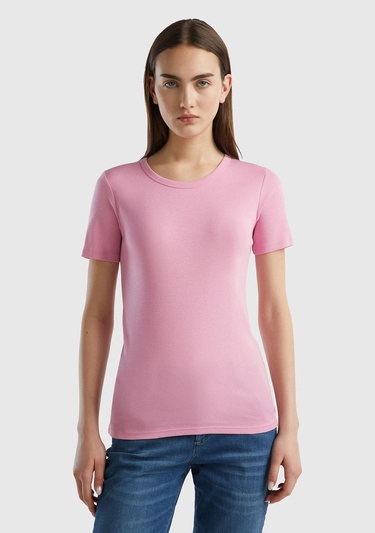  Kadın Açık Pembe %100 Koton Basic Kısa Kollu Bisiklet Yaka T-Shirt