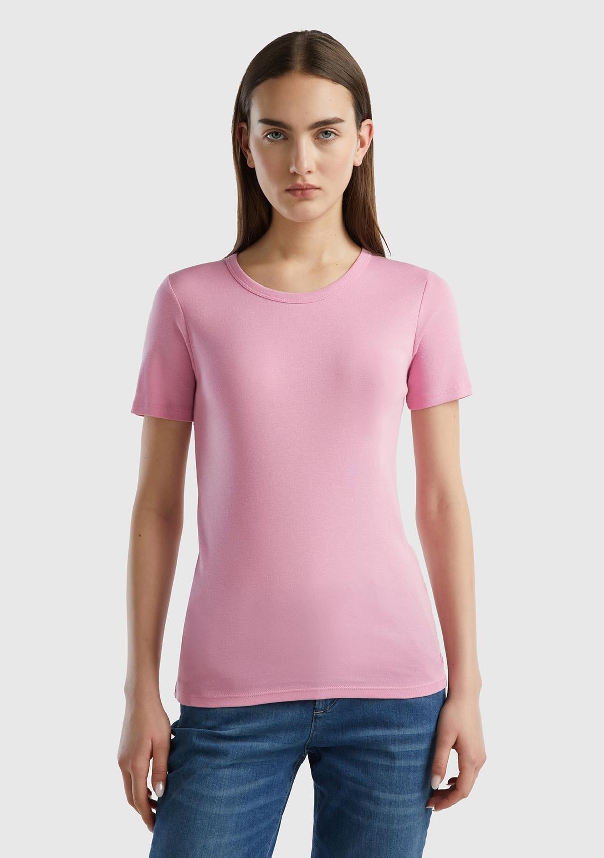  Kadın Açık Pembe %100 Koton Basic Kısa Kollu Bisiklet Yaka T-Shirt