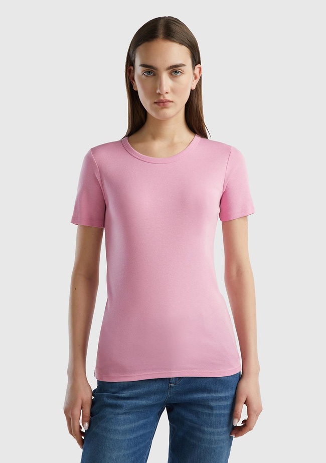  Kadın Açık Pembe %100 Koton Basic Kısa Kollu Bisiklet Yaka T-Shirt