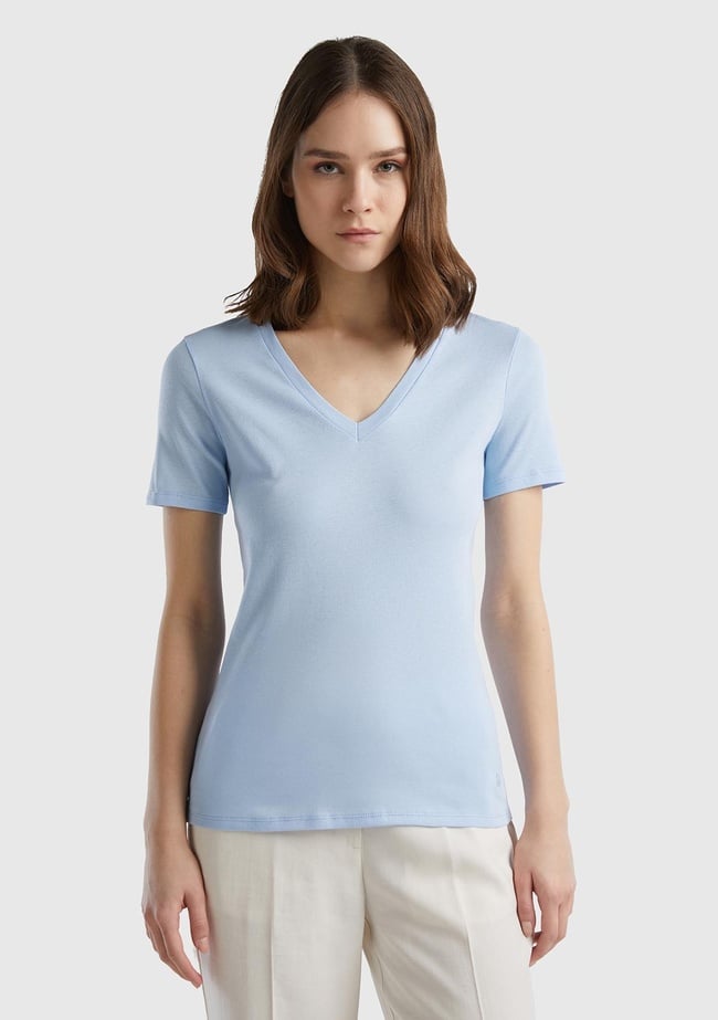  Kadın Açık Mavi %100 Pamuk V Yaka Basic T-Shirt