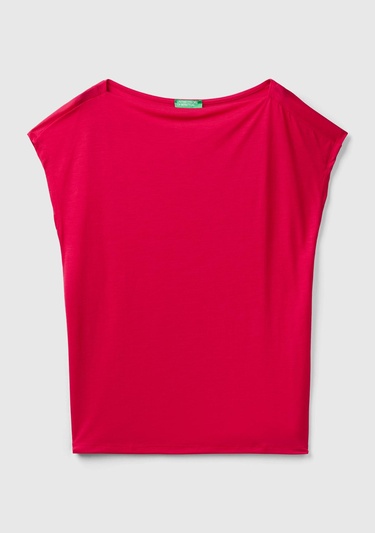  Kadın Vişne %100 Liyosel Kimono Kollu Kayık Yaka T-Shirt