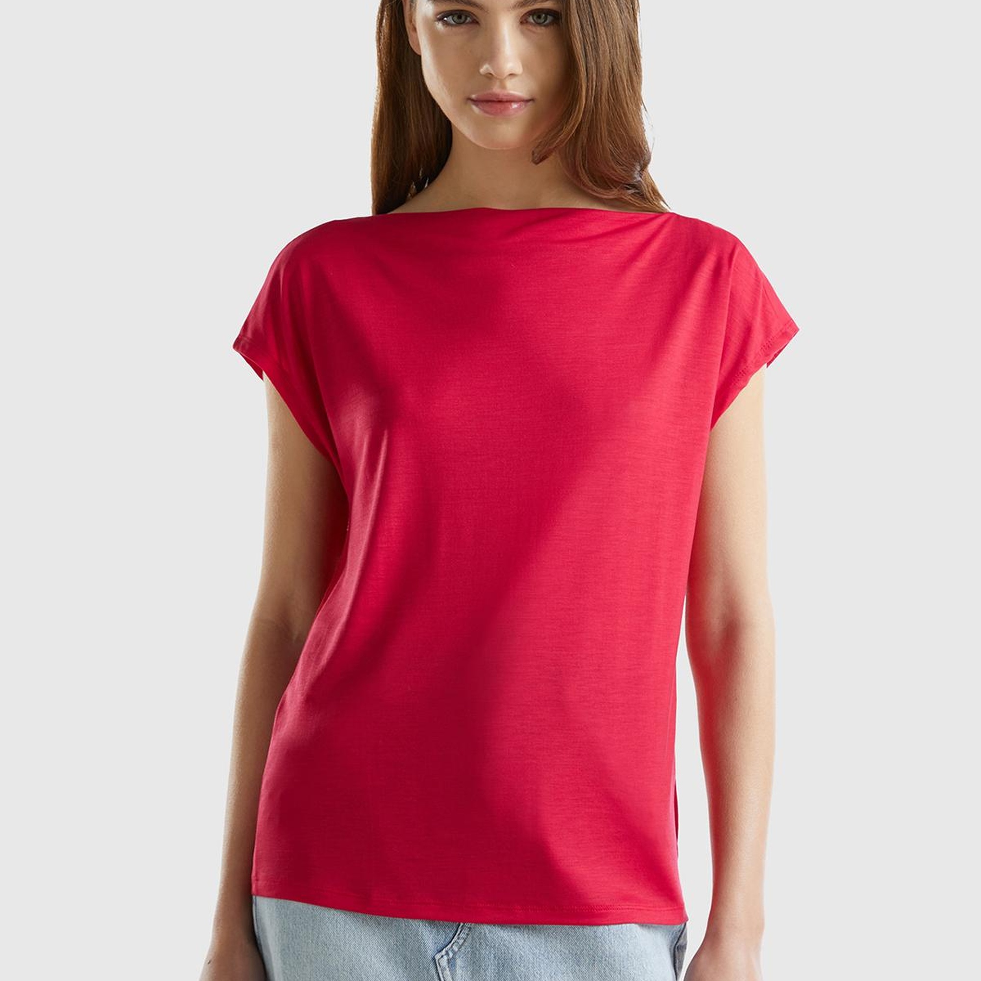 Kadın Vişne %100 Liyosel Kimono Kollu Kayık Yaka T-Shirt