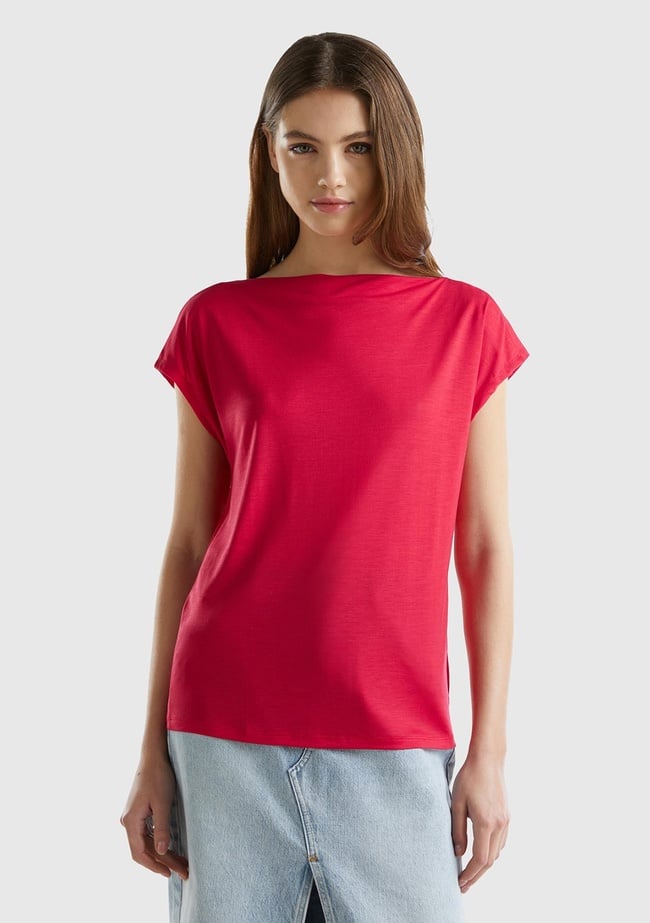  Kadın Vişne %100 Liyosel Kimono Kollu Kayık Yaka T-Shirt