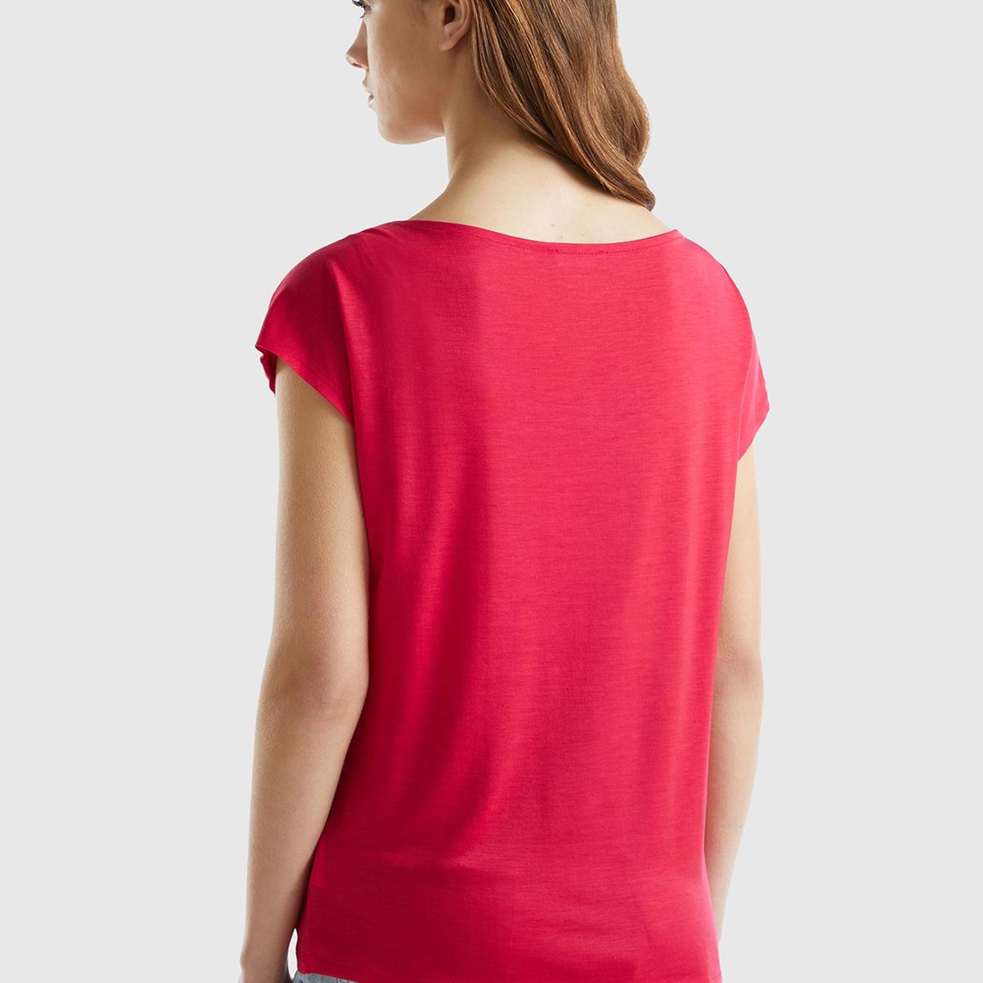 Kadın Vişne %100 Liyosel Kimono Kollu Kayık Yaka T-Shirt