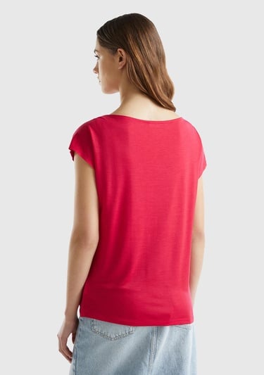  Kadın Vişne %100 Liyosel Kimono Kollu Kayık Yaka T-Shirt