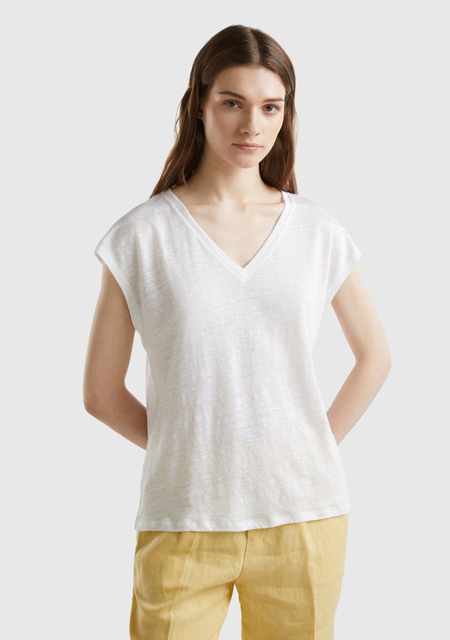  Kadın Beyaz %100 Keten Rahat Kalıp Derin V Yaka Kolsuz T-Shirt