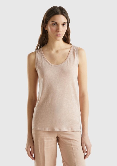  Kadın Pudra %100 Keten Rahat Kalıp Kalın Askılı Atlet