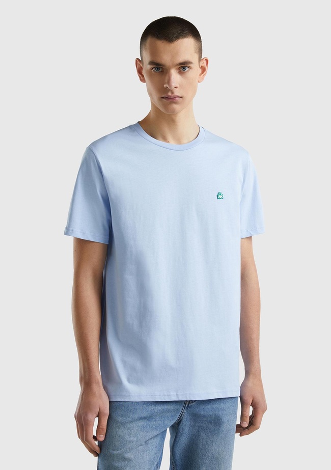  Erkek Açık Mavi %100 Koton Benetton Logolu Bisiklet Yaka T-Shirt