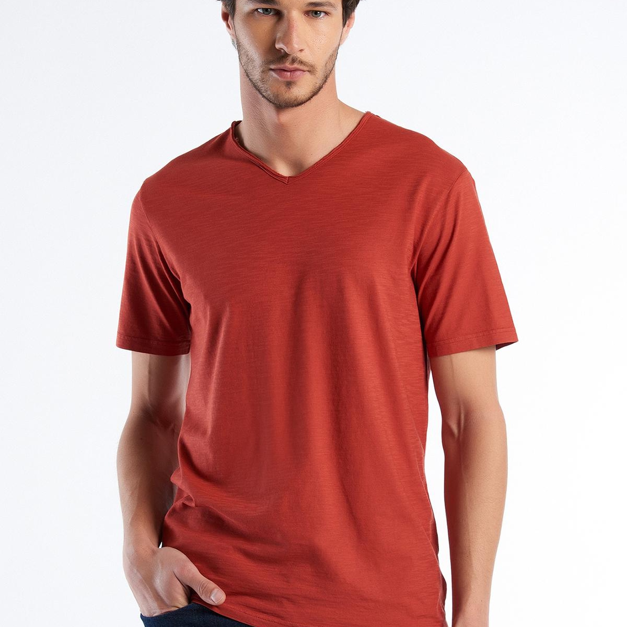 Erkek Bordo V Yaka Slub T-shirt