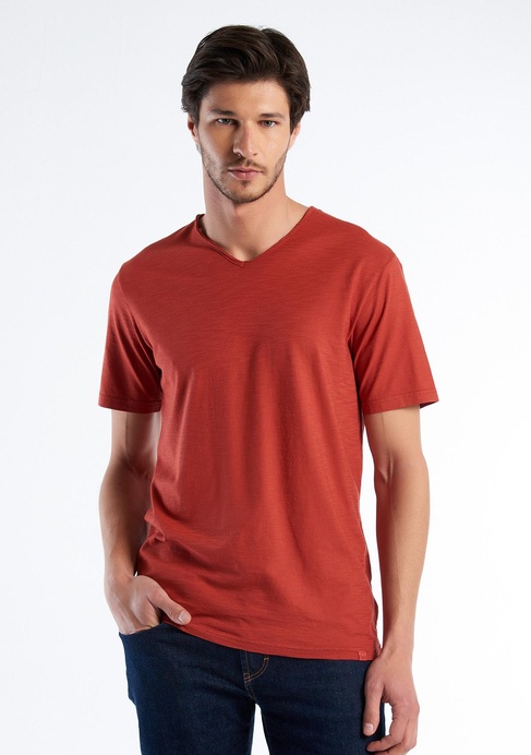  Erkek Bordo V Yaka Slub T-shirt