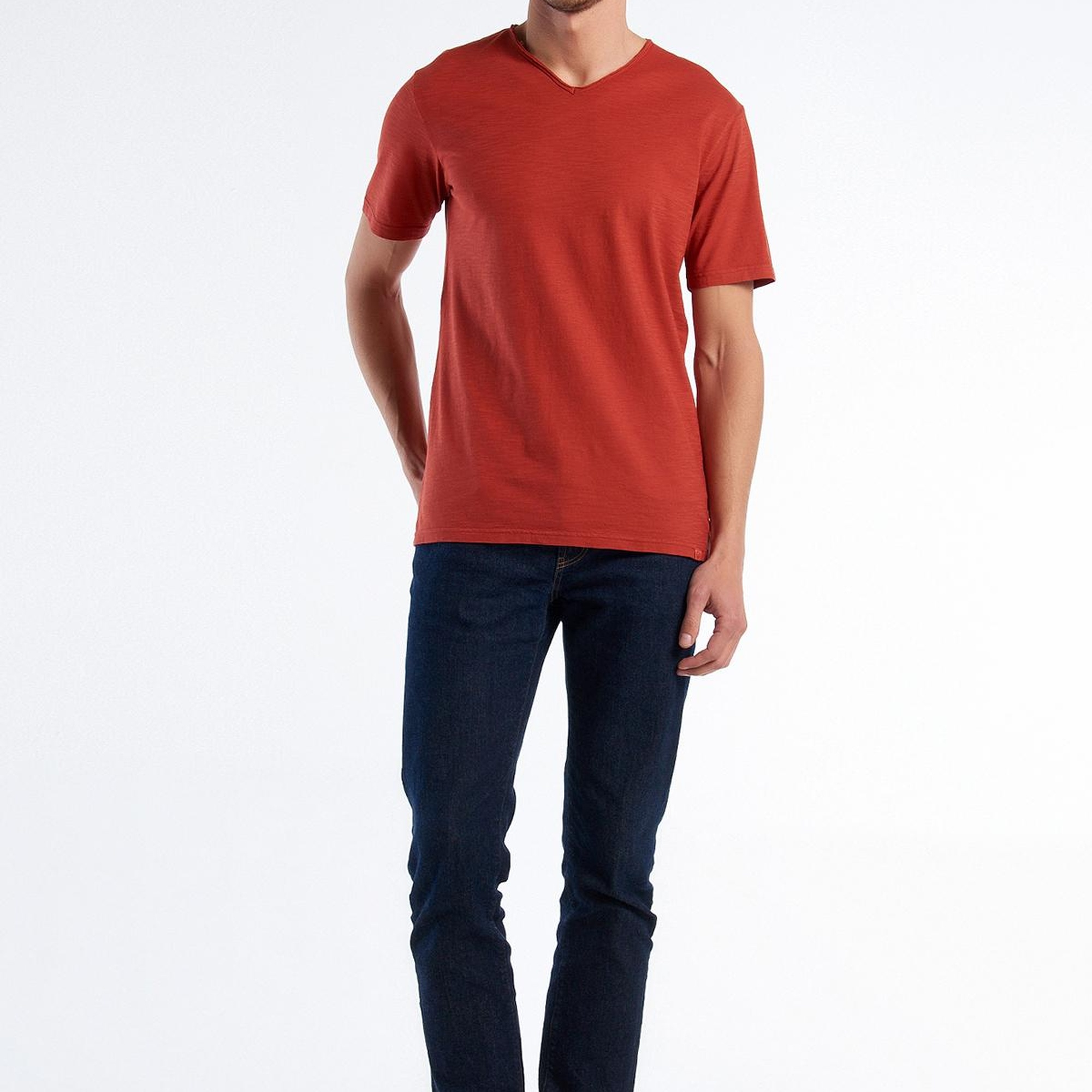 Erkek Bordo V Yaka Slub T-shirt