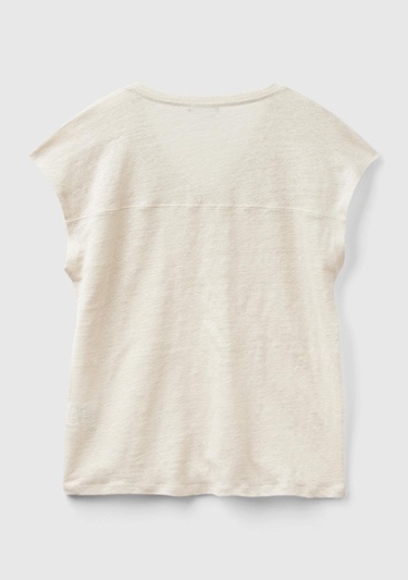  Kadın Bej %100 Keten Rahat Kalıp Derin V Yaka Kolsuz T-Shirt