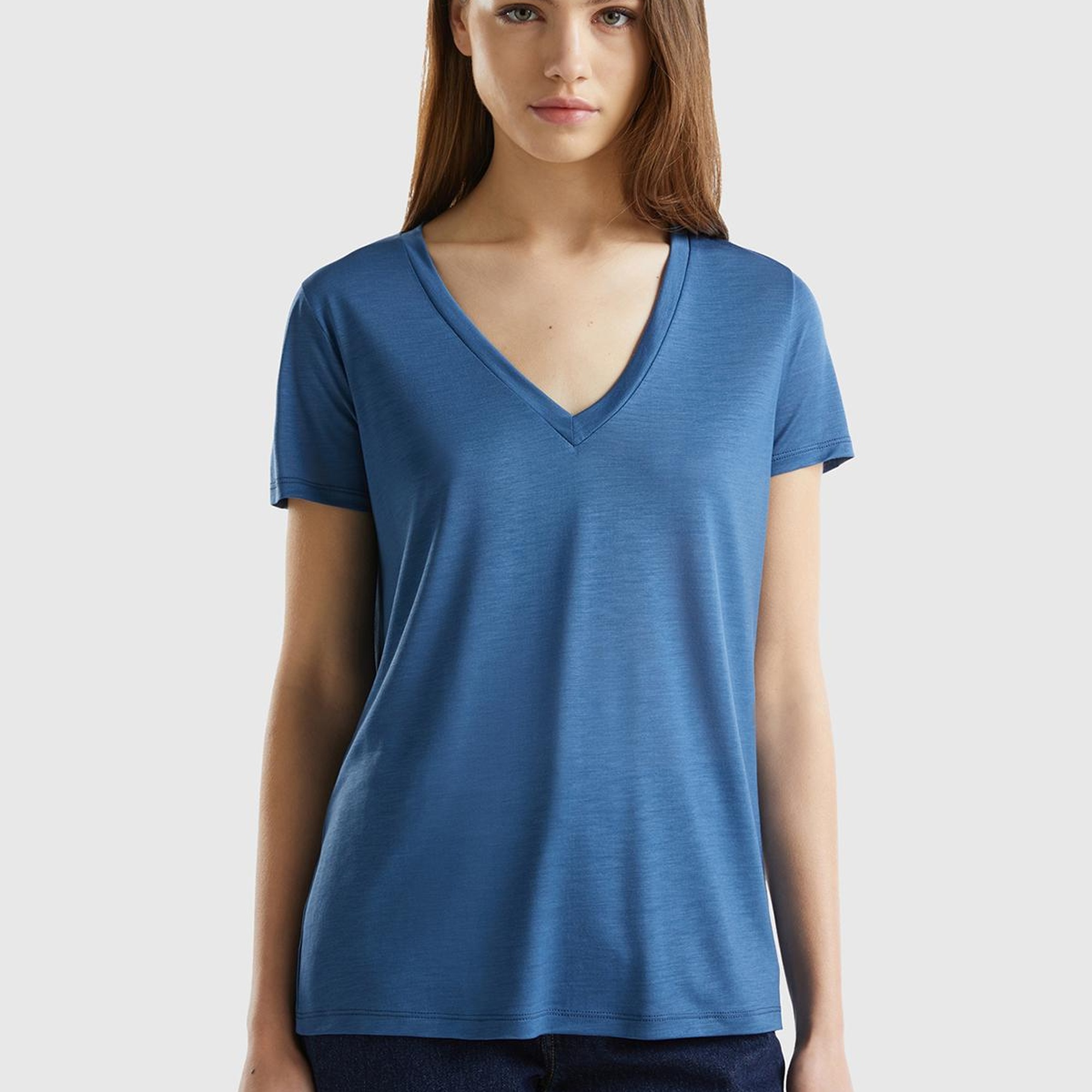 Kadın Gece Mavisi %100 Liyosel V Yaka T-Shirt