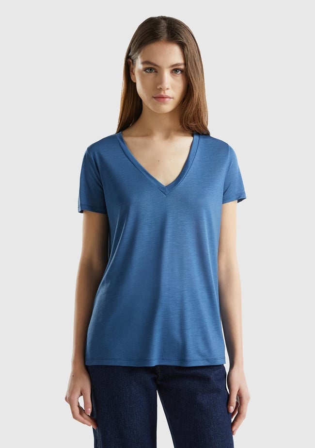  Kadın Gece Mavisi %100 Liyosel V Yaka T-Shirt