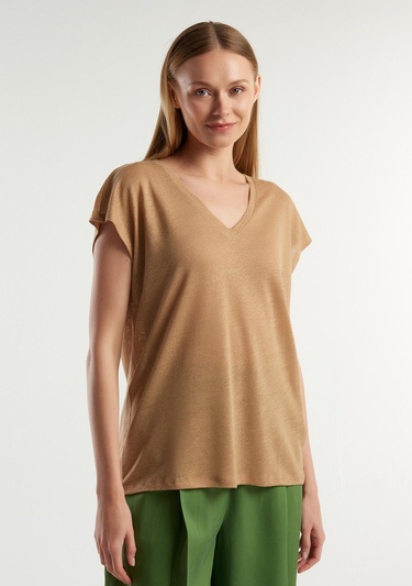  Kadın Taba %100 Keten Rahat Kalıp Derin V Yaka Kolsuz T-Shirt