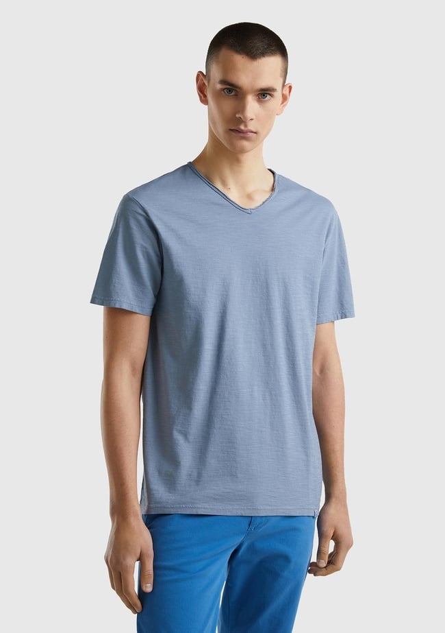  Erkek Gri V Yaka Slub T-shirt