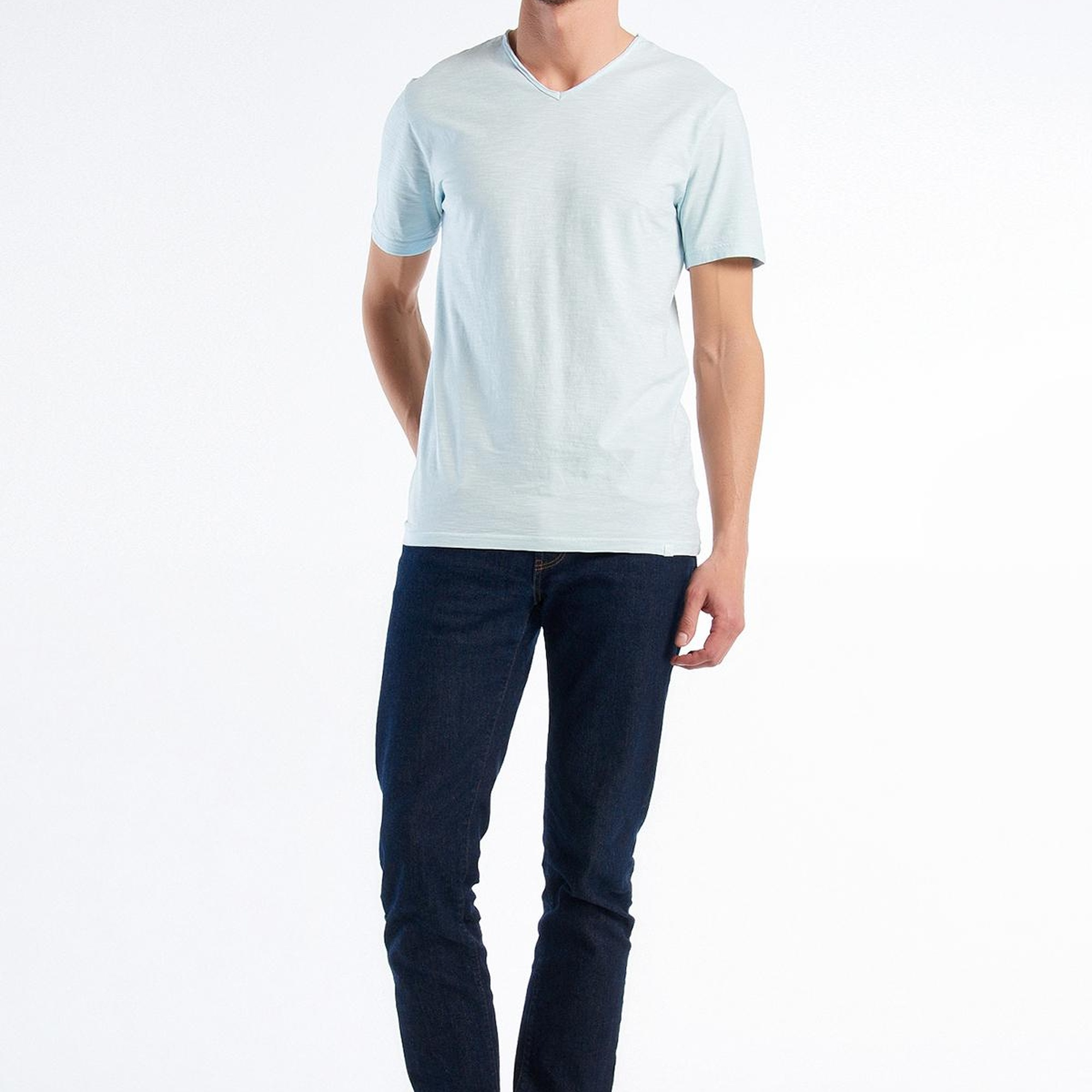 Erkek Uçuk Mavi V Yaka Slub T-shirt