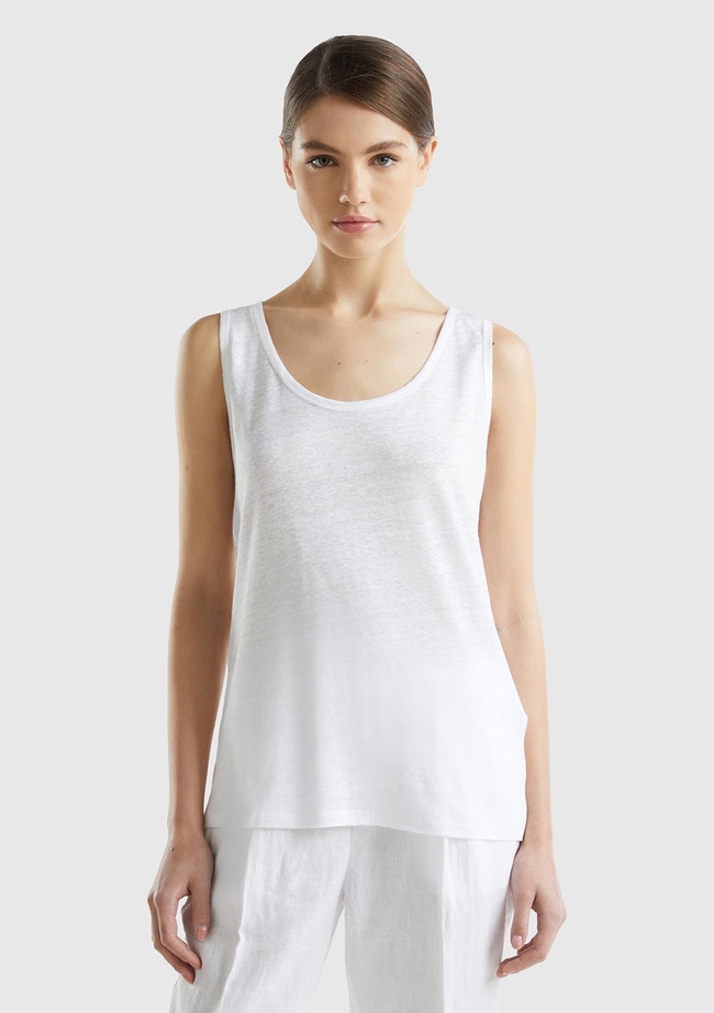  Kadın Beyaz %100 Keten Rahat Kalıp Kalın Askılı Atlet