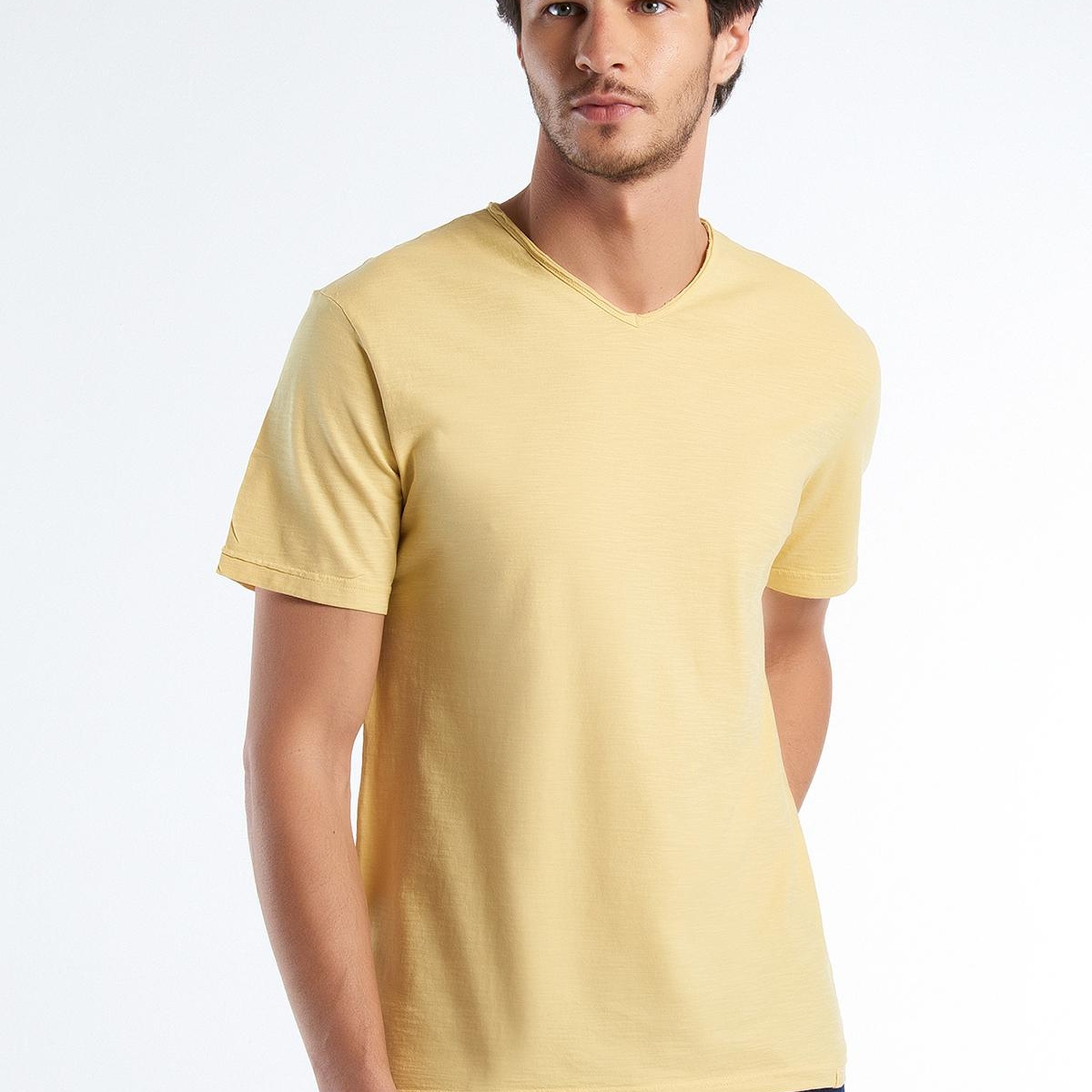 Erkek Açık Sarı V Yaka Slub T-shirt
