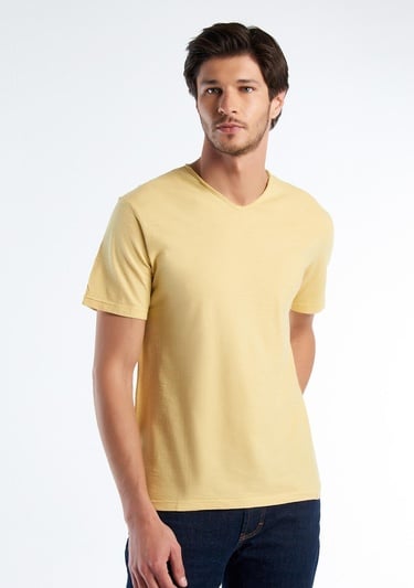  Erkek Açık Sarı V Yaka Slub T-shirt