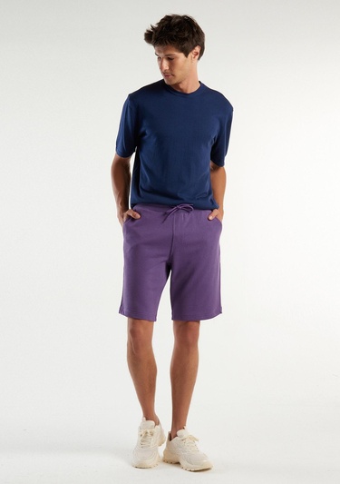  Erkek Mor %100 Pamuk Logo Detaylı Beli Lastikli Bermuda Şort