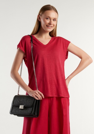  Kadın Fuşya %100 Keten Rahat Kalıp Derin V Yaka Kolsuz T-Shirt